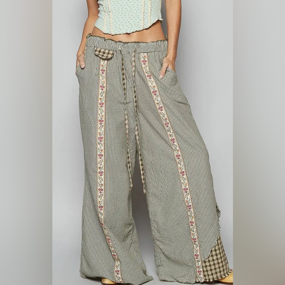 POL Wide Leg Patchwork Pants in Olive Stripe with Floral Trim
